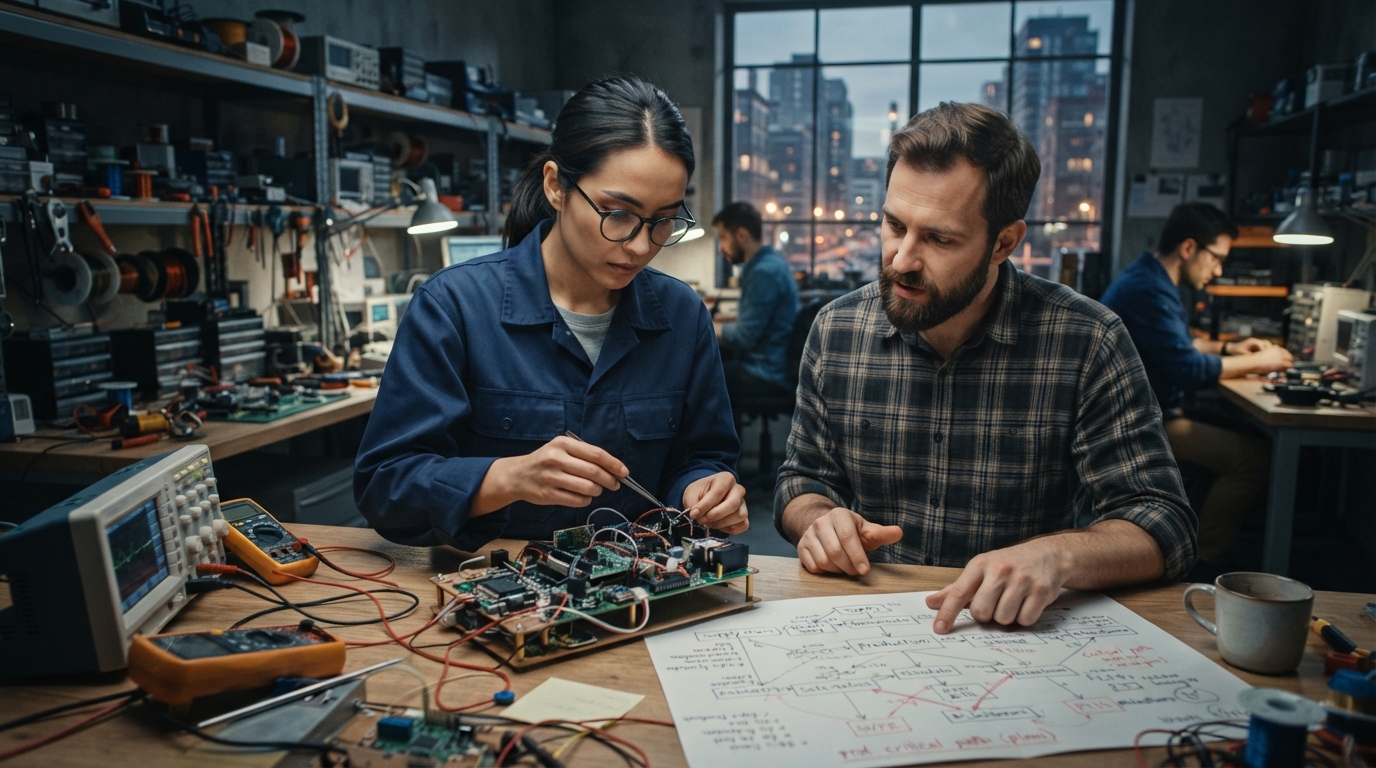 An early-stage hardware startup's supply chain visualized as a delicate but determined path through complex challenges, emphasizing resilience and strategic planning for market success.