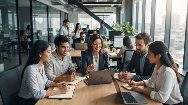 Diverse new hires collaborating and receiving mentorship in a modern office, symbolizing successful startup onboarding and integration.