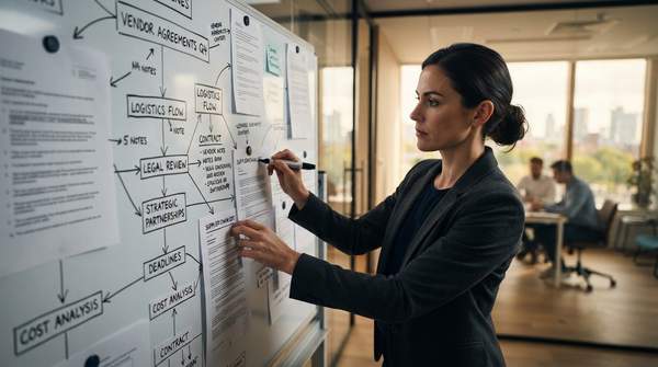 Startup founder strategically planning vendor management framework with contracts and flowcharts on a whiteboard.