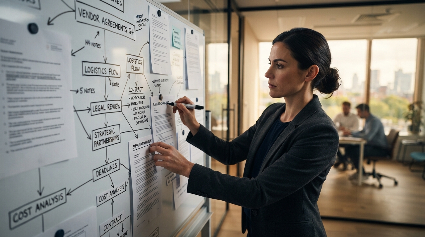 Startup founder strategically planning vendor management framework with contracts and flowcharts on a whiteboard.