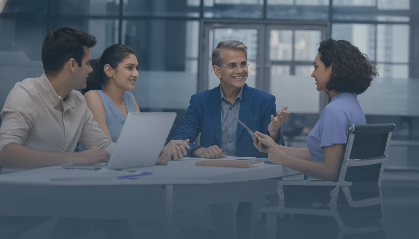Professionals collaborating around a holographic AI product display in a futuristic cityscape, symbolizing innovation in AI product development.