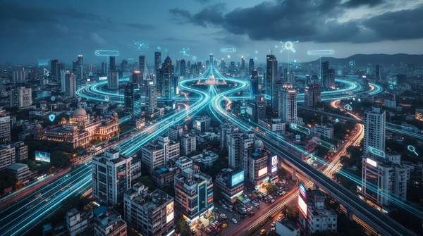 Futuristic Indian cityscape illustrating AI-driven SEO strategies and digital marketing evolution.