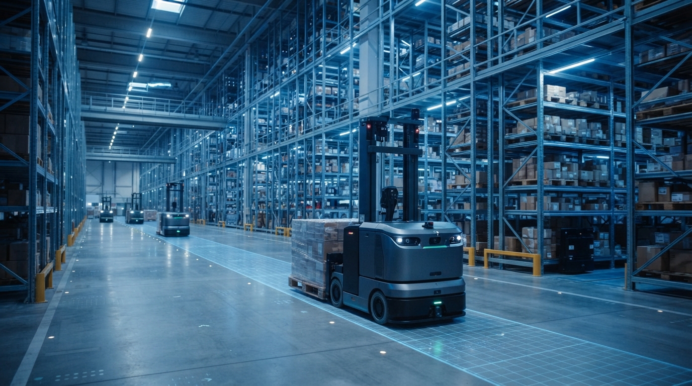 Autonomous forklifts operating in a highly automated warehouse, showcasing the integration of digital twin technology in modern logistics.