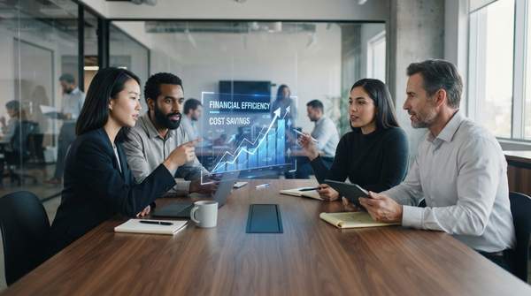 Startup team collaborating on a holographic display showing financial efficiency and cost savings from smart SaaS procurement.