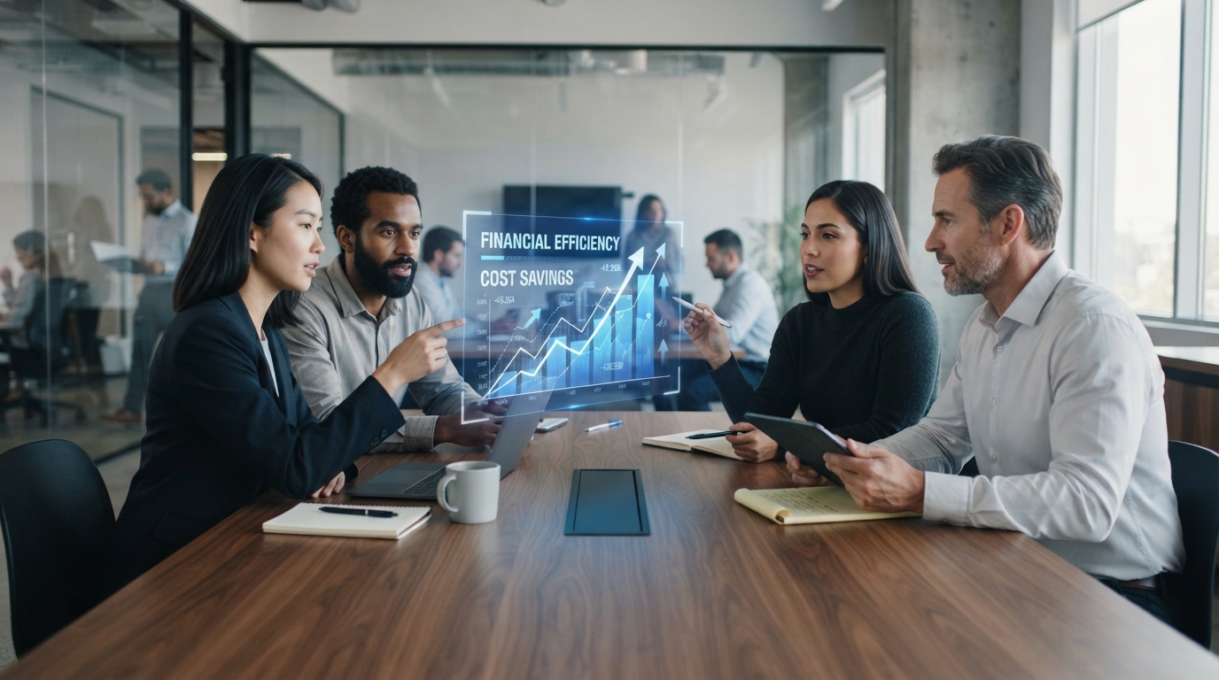Startup team collaborating on a holographic display showing financial efficiency and cost savings from smart SaaS procurement.