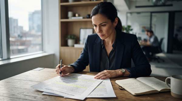 Startup founder strategically analyzing a SaaS contract, symbolizing optimized spending and smart procurement decisions for long-term financial success.