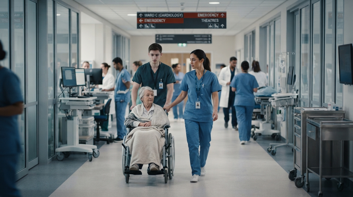 Hospital staff efficiently managing patient flow and room readiness in a modern medical center, showcasing improved operational efficiency.