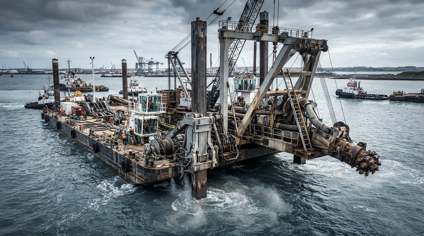 Orion Marine Construction's new walking spud barge advancing a dredging unit, showcasing enhanced operational efficiency in a marine construction project.