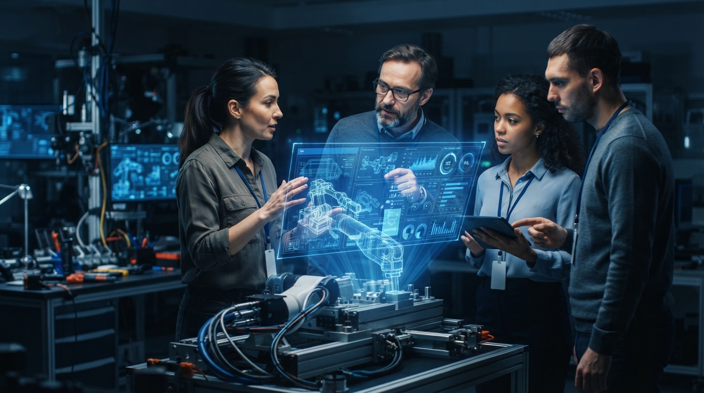 Diverse team collaborating around a holographic display showing industrial machinery data, symbolizing product-led growth for non-SaaS businesses.