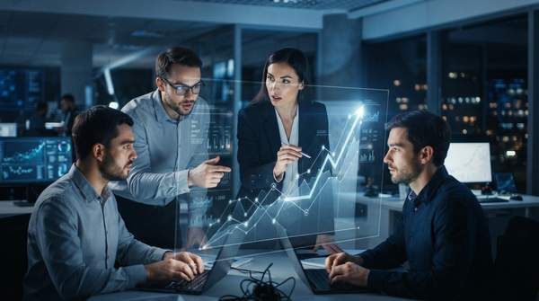 Startup team celebrating success with a product-led growth strategy, overcoming rising customer acquisition costs with innovative product integration.