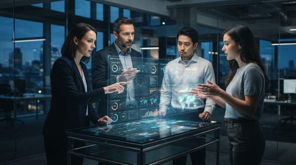 Sales team using holographic interface to analyze product usage data for strategic sales growth.