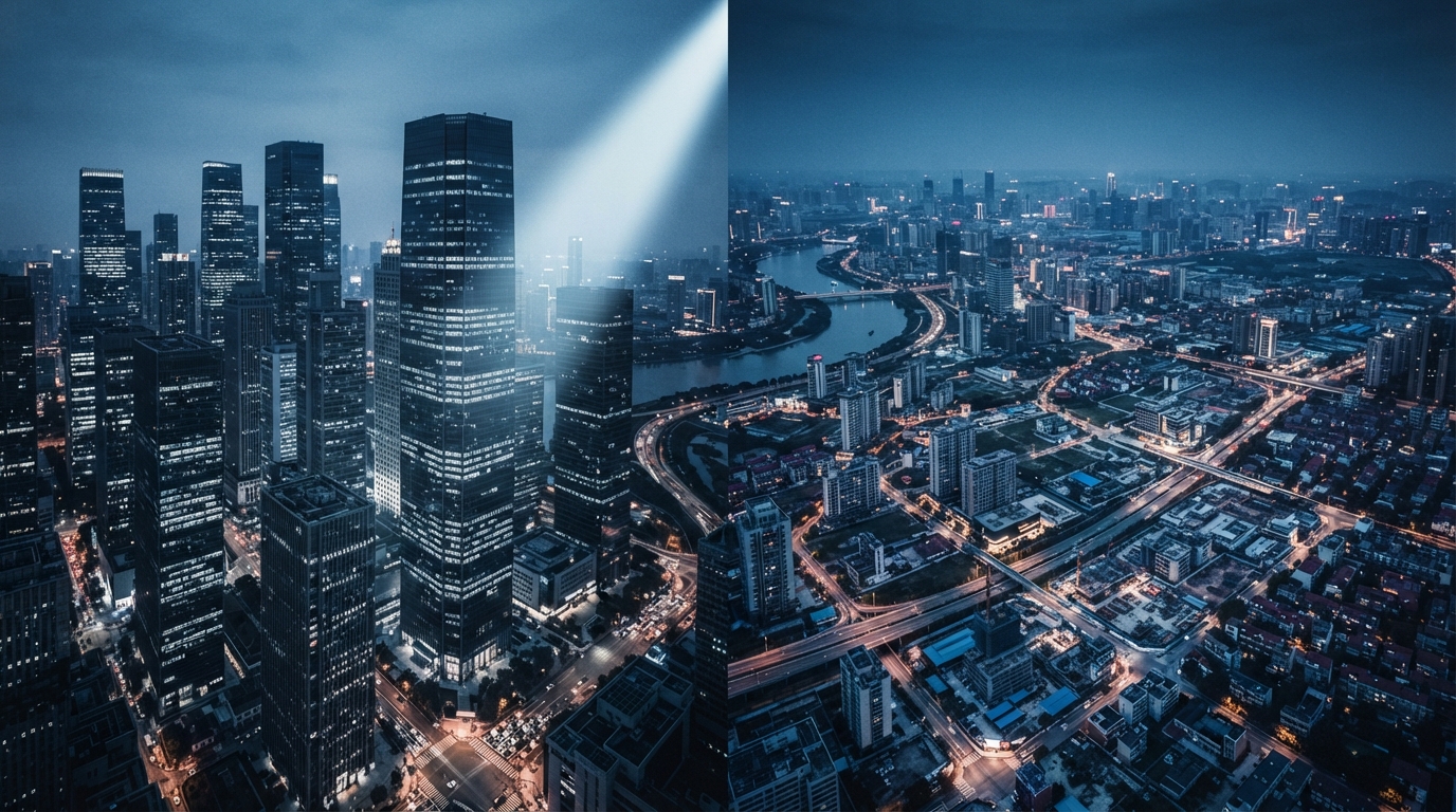 Split image showing concentrated capital in a mature market cityscape versus diversified capital in a sprawling emerging market landscape.