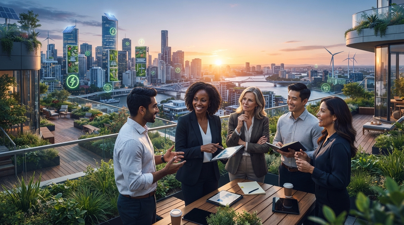 Diverse startup professionals collaborating on a rooftop garden overlooking a modern cityscape, symbolizing ESG integration and business growth.