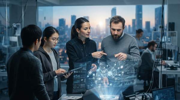 Startup team using AI tools for rapid development, showcasing innovation and resilience in a modern tech environment.