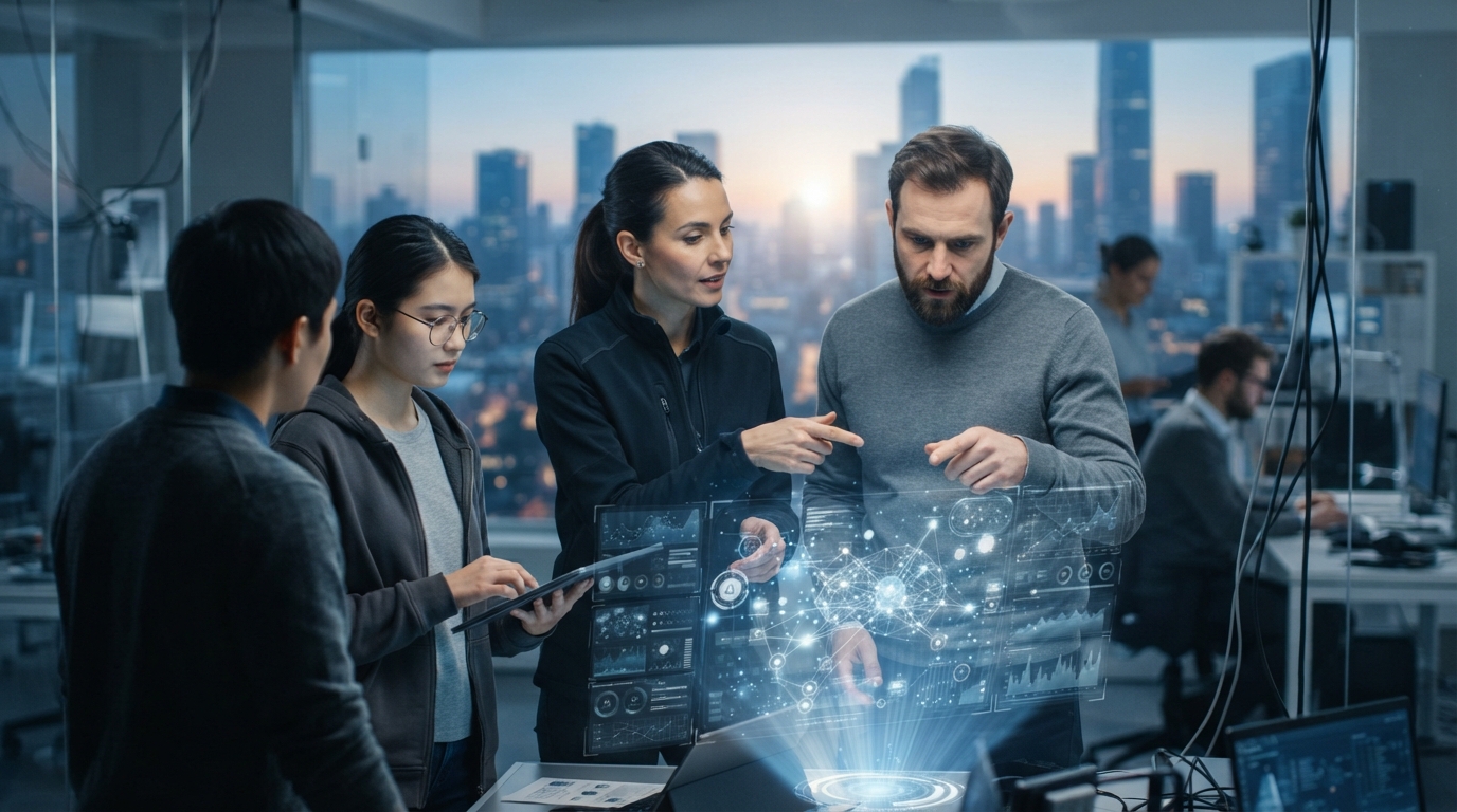 Startup team using AI tools for rapid development, showcasing innovation and resilience in a modern tech environment.