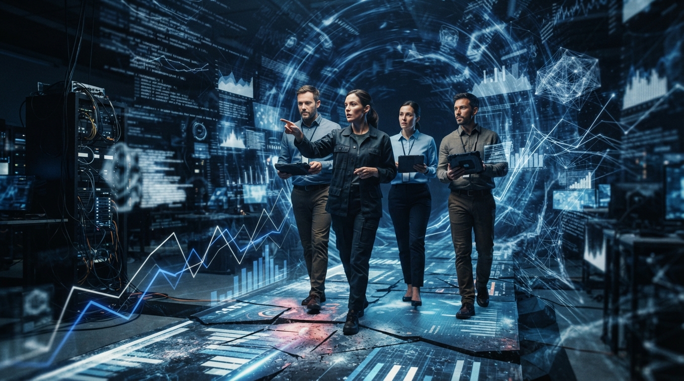 Startup team navigating a turbulent digital landscape with AI algorithms and shifting market trends, symbolizing adaptation and resilience.