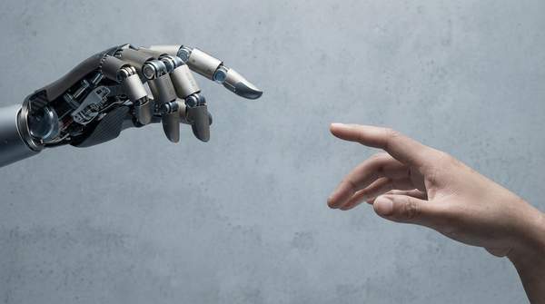 A human hand carefully guiding a complex AI interface, symbolizing the essential role of human oversight in managing artificial intelligence for startup success.