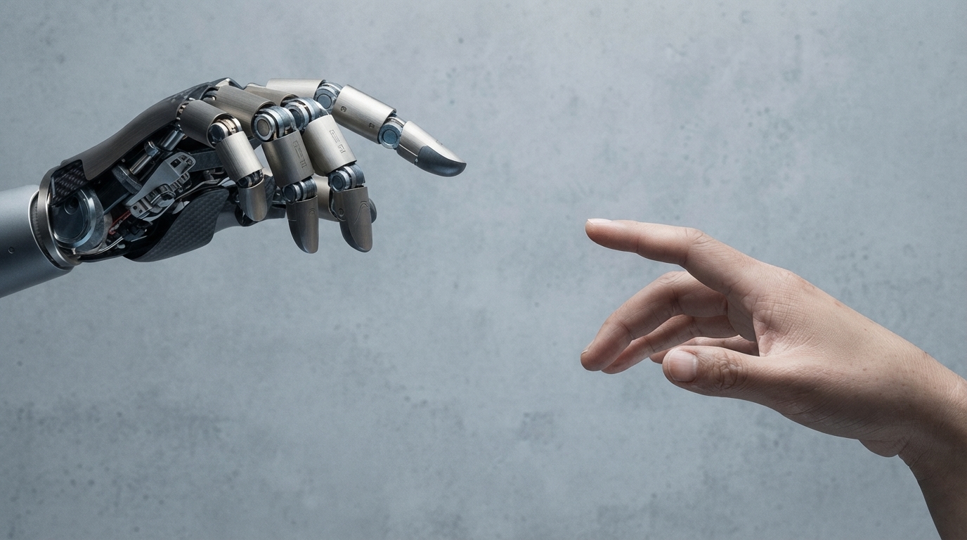 A human hand carefully guiding a complex AI interface, symbolizing the essential role of human oversight in managing artificial intelligence for startup success.