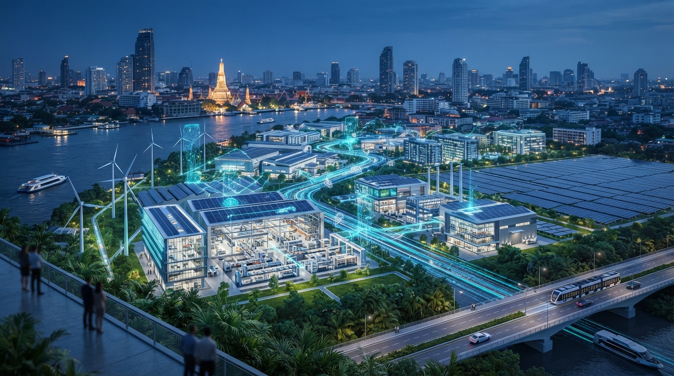 Futuristic Bangkok cityscape showcasing AI-powered factories and integrated sustainable energy sources, representing Thailand's industrial transformation.