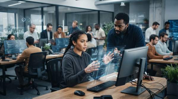 Startup team collaborating with advanced AI interfaces, demonstrating seamless automation and efficient workflows for business growth.