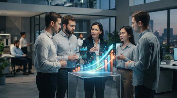 Startup team collaborating around a holographic marketing growth projection, symbolizing access to expert CMO services.