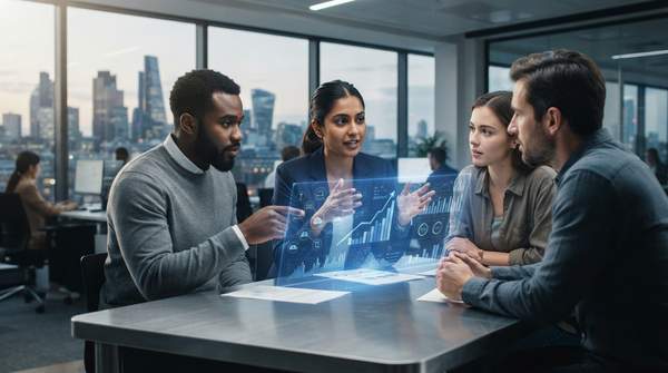 Diverse startup team collaborating around a holographic interface showing growth charts and SaaS application icons, symbolizing innovation and business expansion.
