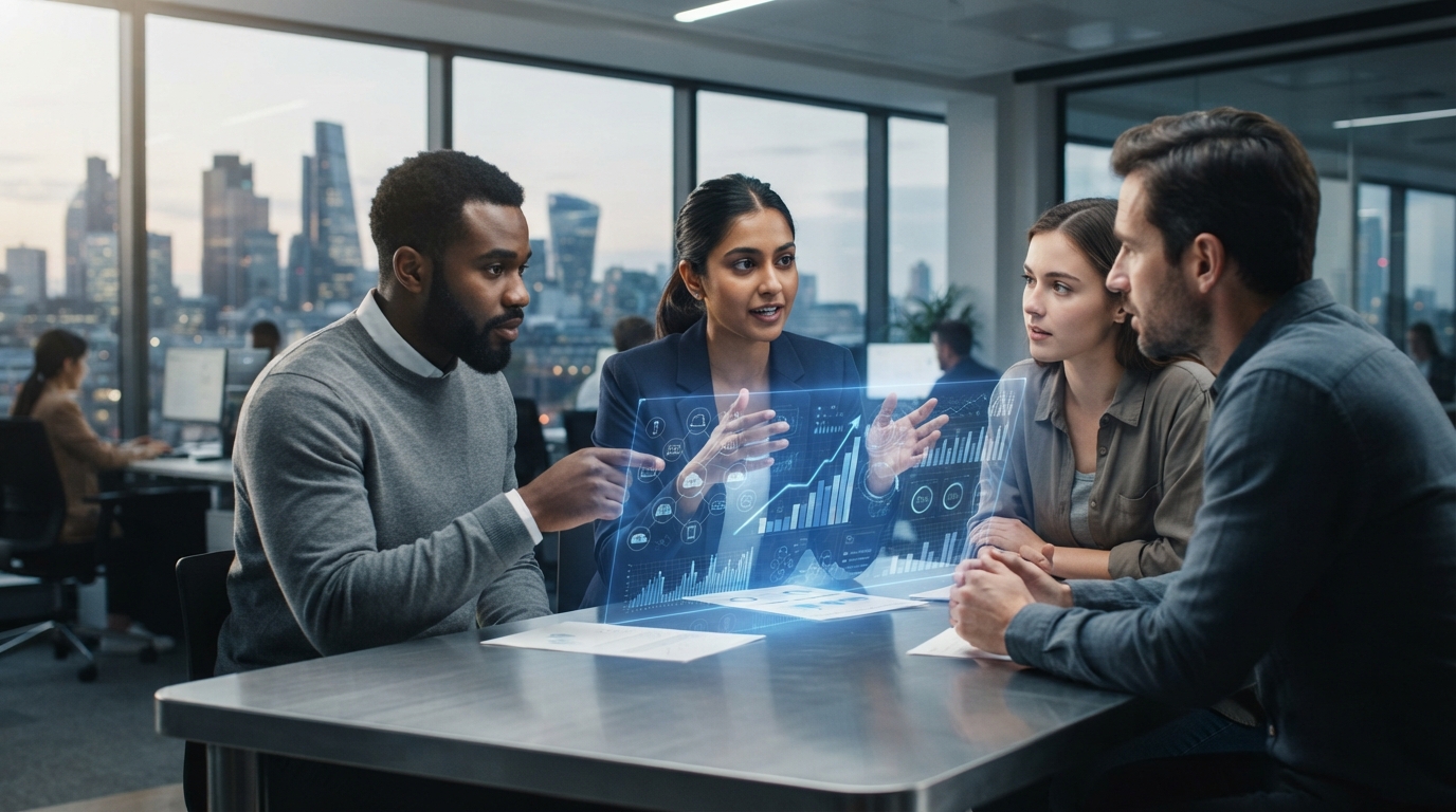 Diverse startup team collaborating around a holographic interface showing growth charts and SaaS application icons, symbolizing innovation and business expansion.