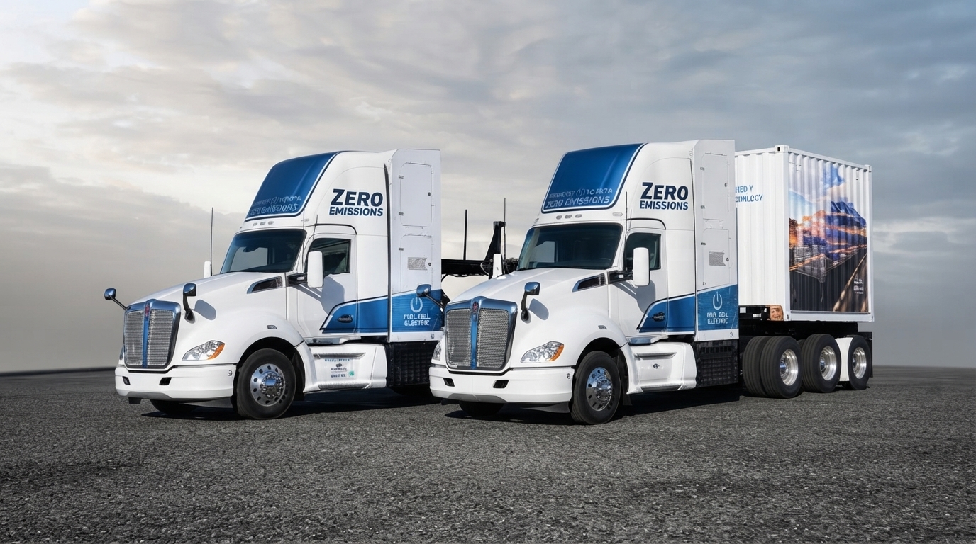 A futuristic Toyota IVECO hydrogen fuel cell truck on a highway at sunrise, representing sustainable long-haul logistics and clean transportation.