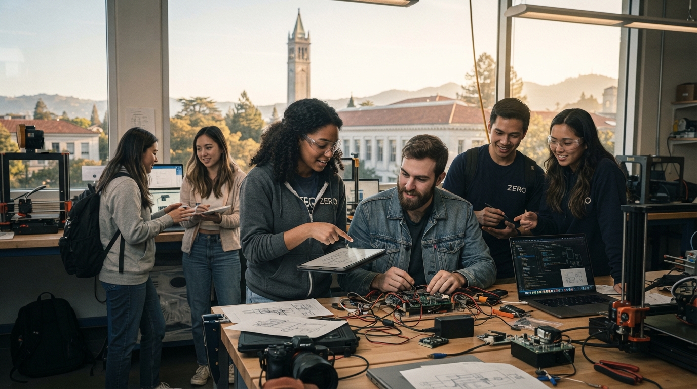 Diverse group of UC Berkeley students collaborating on innovative startup ideas on campus, symbolizing leadership in entrepreneurship and female founders.