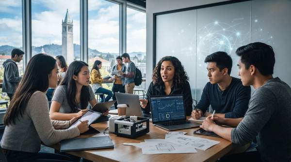UC Berkeley campus scene with students collaborating on startup ideas, symbolizing leadership in undergraduate entrepreneurship and innovation.