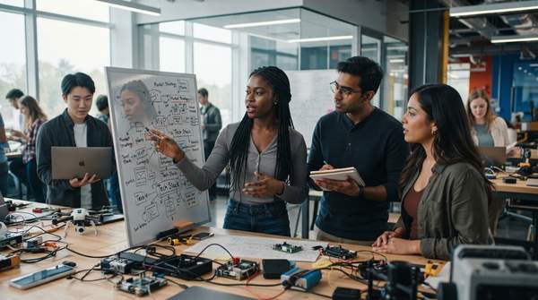 Diverse university students actively engaged in a collaborative startup environment, brainstorming ideas and developing business plans with enthusiasm and focus.