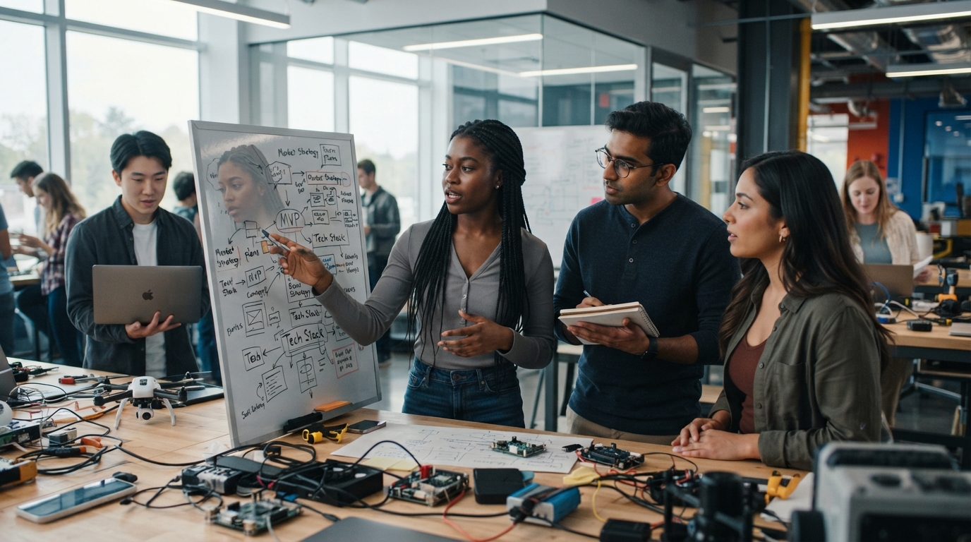 Diverse university students actively engaged in a collaborative startup environment, brainstorming ideas and developing business plans with enthusiasm and focus.