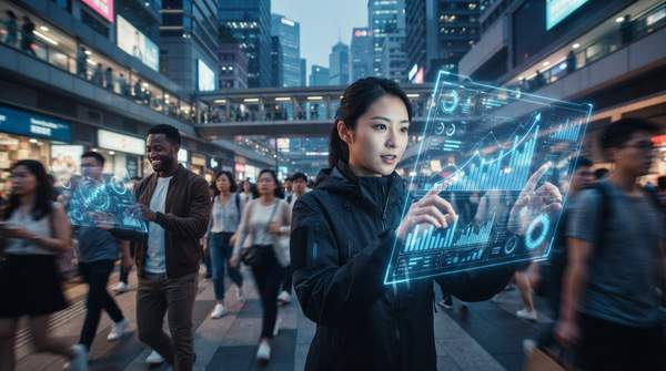 Futuristic marketplace with holographic displays showing user acquisition data and growth charts, symbolizing dynamic market strategies.