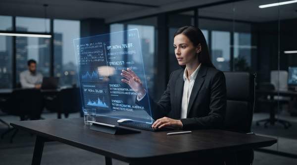 A user interacting with an AI-generated text suggestion interface on a holographic display, representing user-centered design in product development.