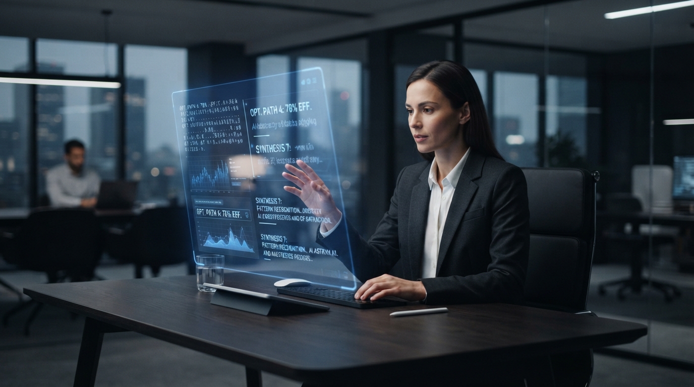 A user interacting with an AI-generated text suggestion interface on a holographic display, representing user-centered design in product development.