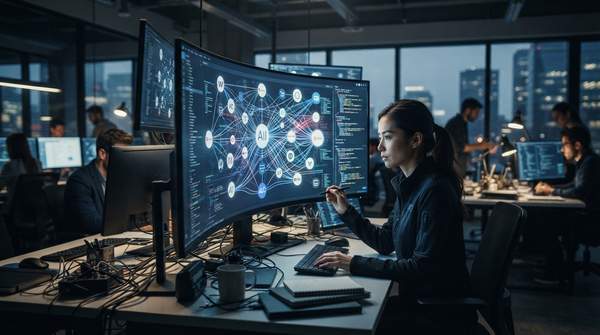 Startup office with AI managing numerous SaaS vendor connections, illustrating a vendor management strategy in action.