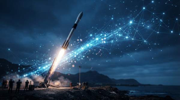 A startup rocket launching amidst glowing digital nodes, symbolizing viral marketing strategies driving user acquisition and rapid growth.