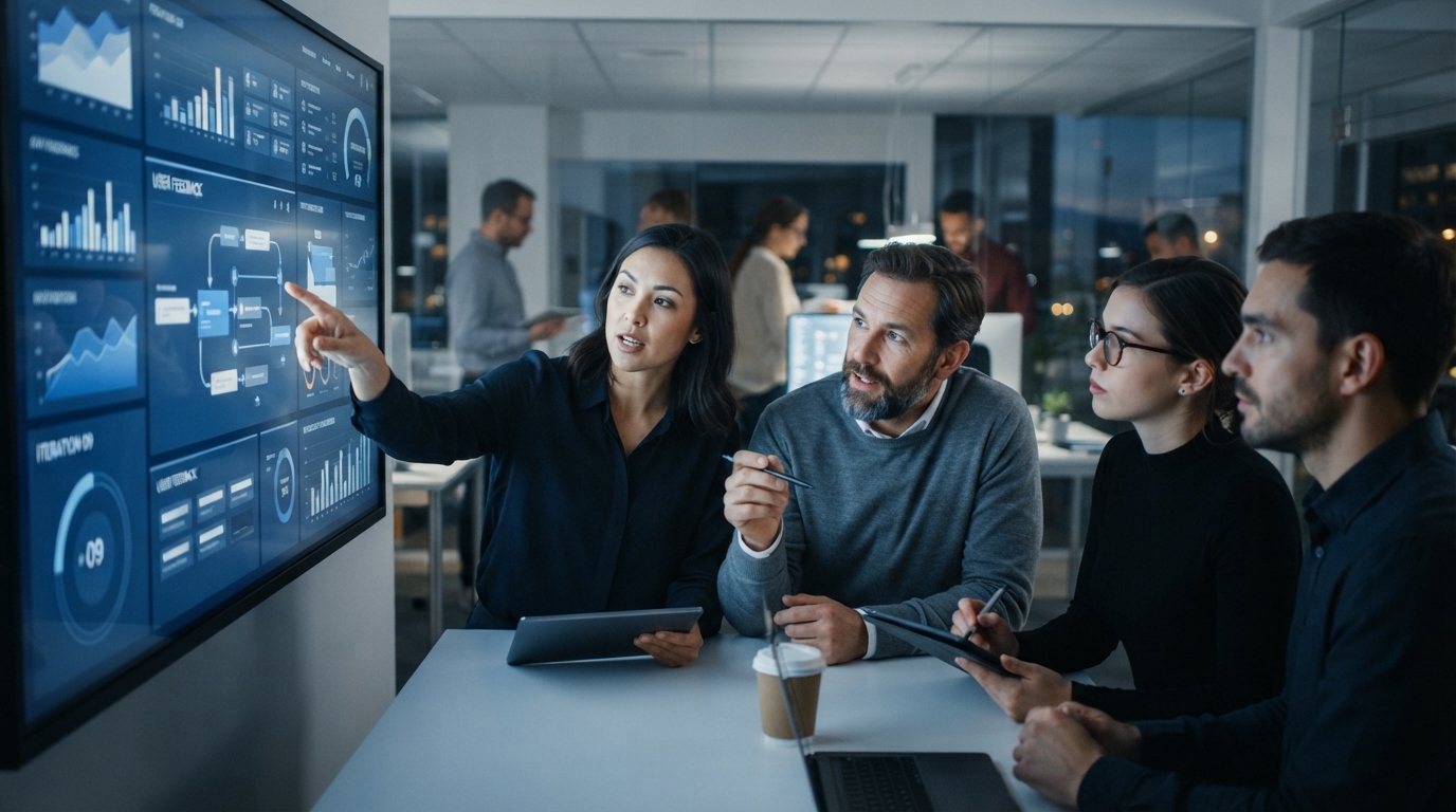 Agile product team collaborating on a digital interface, demonstrating continuous discovery and customer feedback integration.