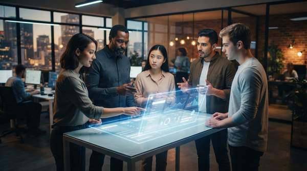 A modern SaaS startup office with a team collaborating around a holographic product interface, symbolizing product-led growth.